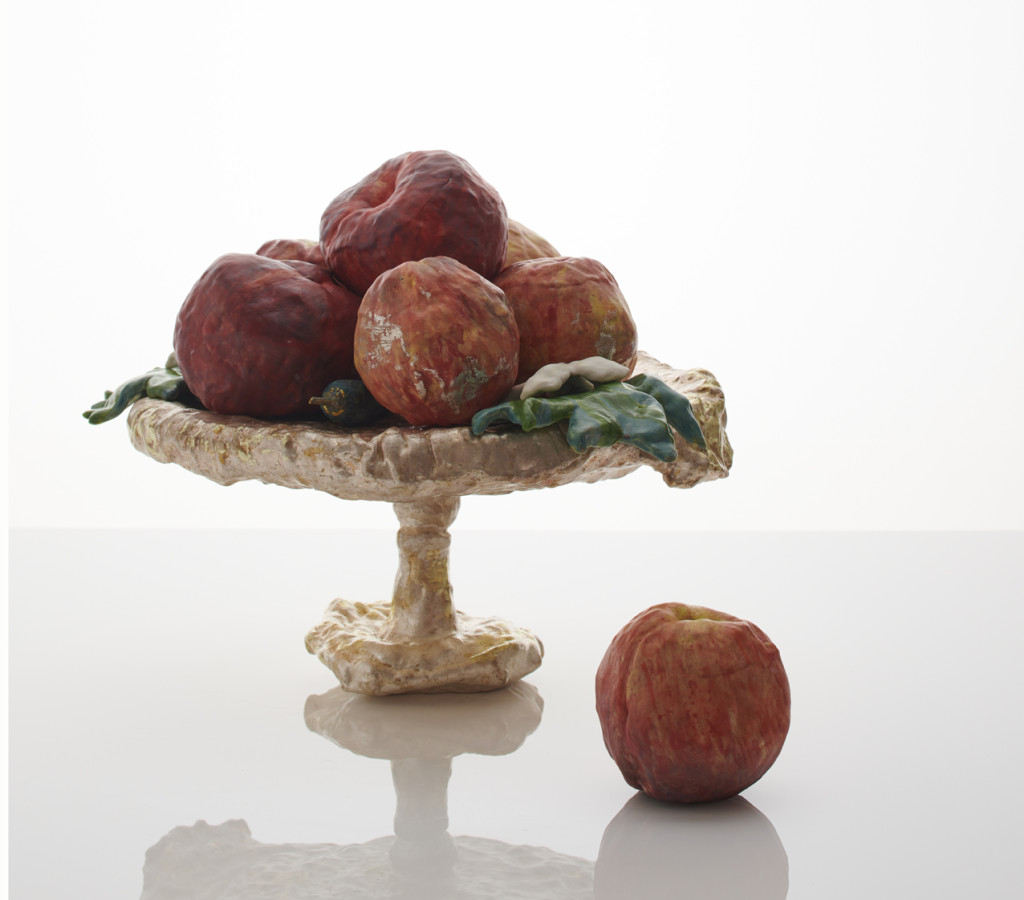 Peaches 5 H 32 cm L 44 cm W 37 cm Porcelain, coloured slips, ceramic transfers, silver leaf, gold leaf 