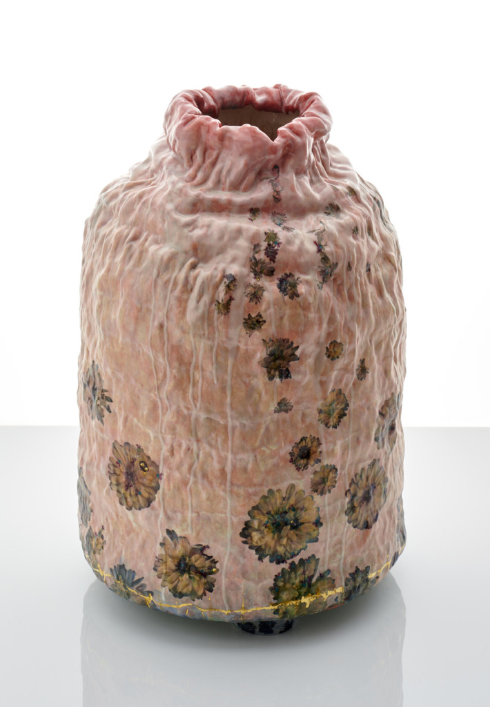 Susan Nemeth Pink Shinymouth with Chrysanthemums H 51cm Diam 32 cm  Porcelain, coloured slips, glaze, ceramic transfers, gold leaf